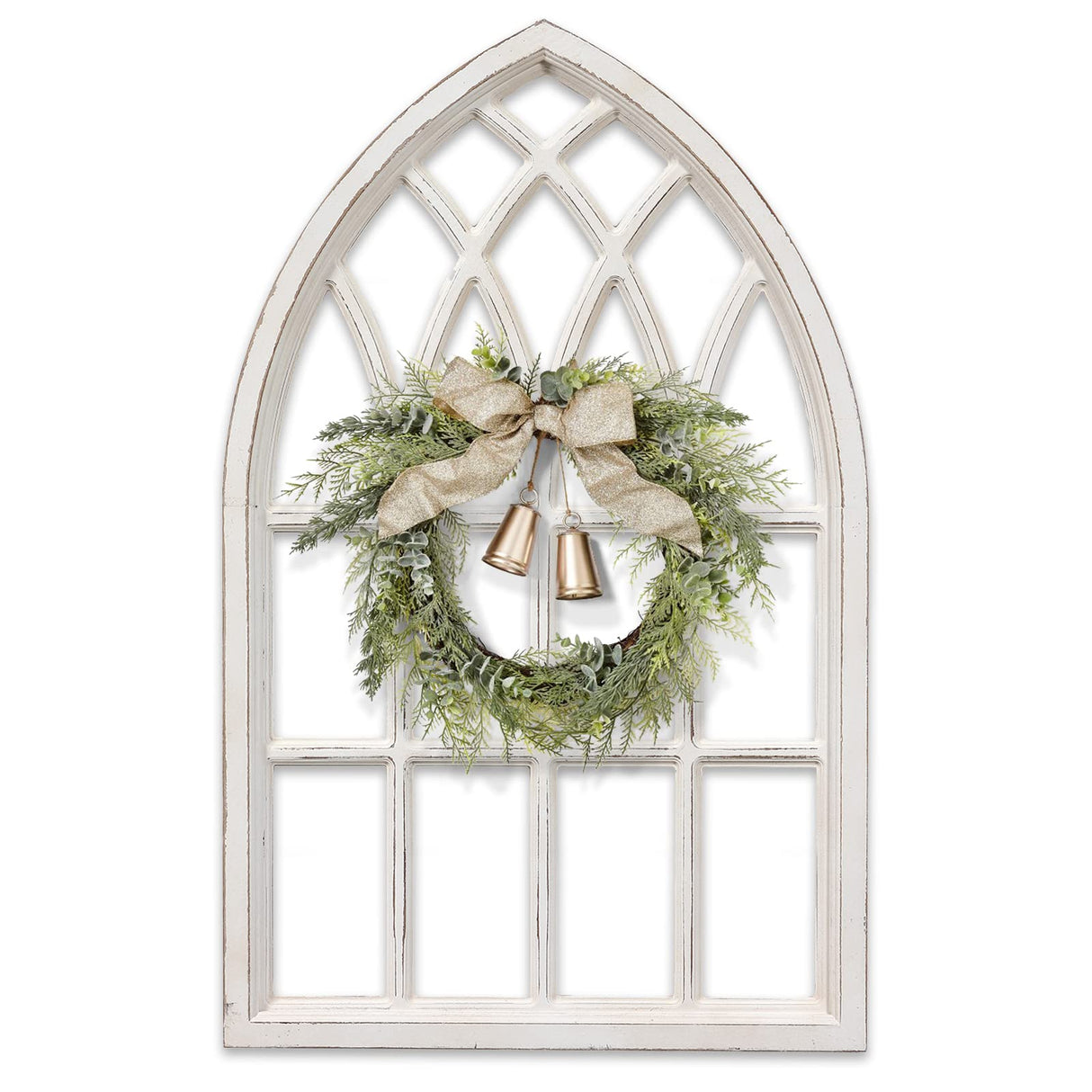 Sintosin Rustic Arched Window Frame 20 x 32 inch, Hanging Distressed White Window Pane Wall Decor, Farmhouse Window Frame Decor, Wooden Cathedral Window Frames for Wall Decor Living Room Christmas Sintosin