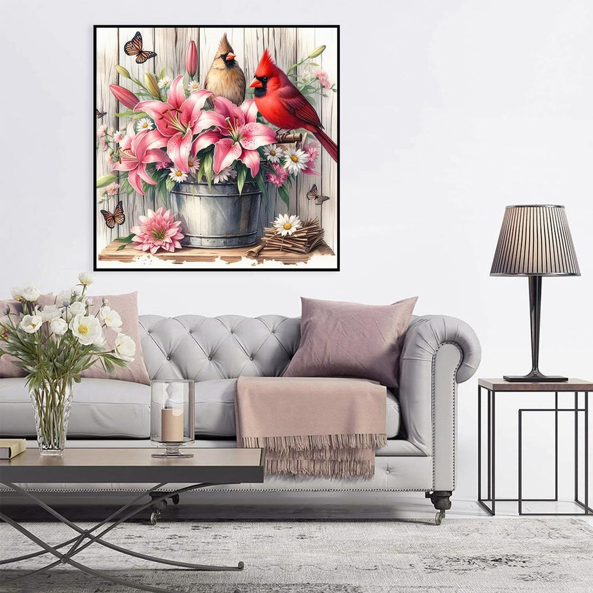 JXDXDJ Cardinal and Flowers Diamond Art Kits for Adults,Full Drill Butterfly 5D Diamond Painting Kits for Beginners,DIY Round Diamond Dots for Adults Crafts,Gem Painting Home Wall Decor 13.78x13.78 In JXDXDJ