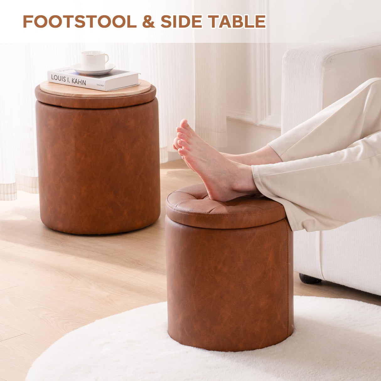 Round Ottoman with Storage Set of 2, Faux Leather Button Tufted Storage Ottoman, 14.76"L x 14.76"W x 17.32"H, Boucle Vanity Stool Footrest Coffee Table for Living Room, Bedroom, Support 300 lbs, Brown oakvivo