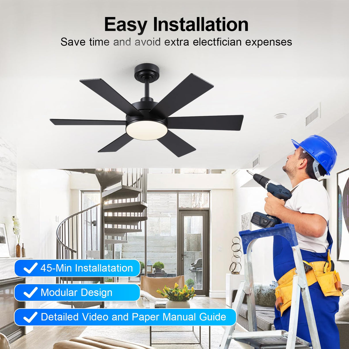42 inch Ceiling Fans with Lights, Black Ceiling Fan with Remote APP, Dual-Sided Modern/Rustic 6 Blades, Reversible, 3CCT, Sloped Flush Mount Low Profile Ceiling Fan with Lights Bedroom Kitchen Indoor BayDay