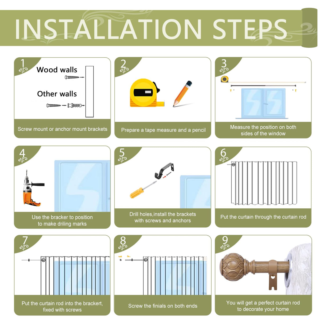 TANGWIN Wood Curtain Rods for Windows 48 to 84 Inch(4-7ft),1 Inch Adjustable Curtain Rod,Heavy Duty Curtain Rods,Wooden Netted Texture Finials Drapery Rods,Single Window Curtain Rod 36-88",Brown Wood TANGWIN