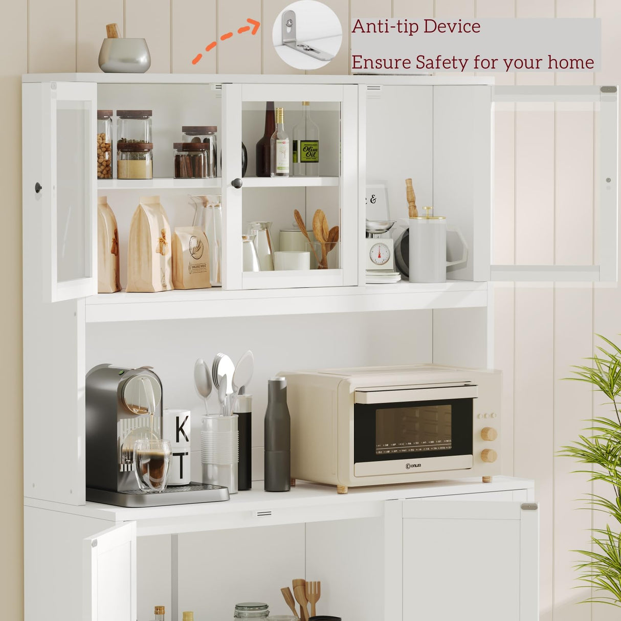 Irontar 70.9'' Kitchen Pantry Cabinet, Kitchen Hutch with Microwave Stand & Charging Station, Farmhouse Tall Kitchen Cabinet with Countertop, Bar Cabinet with Drawer and Glass Doors, White CWG011WE Irontar