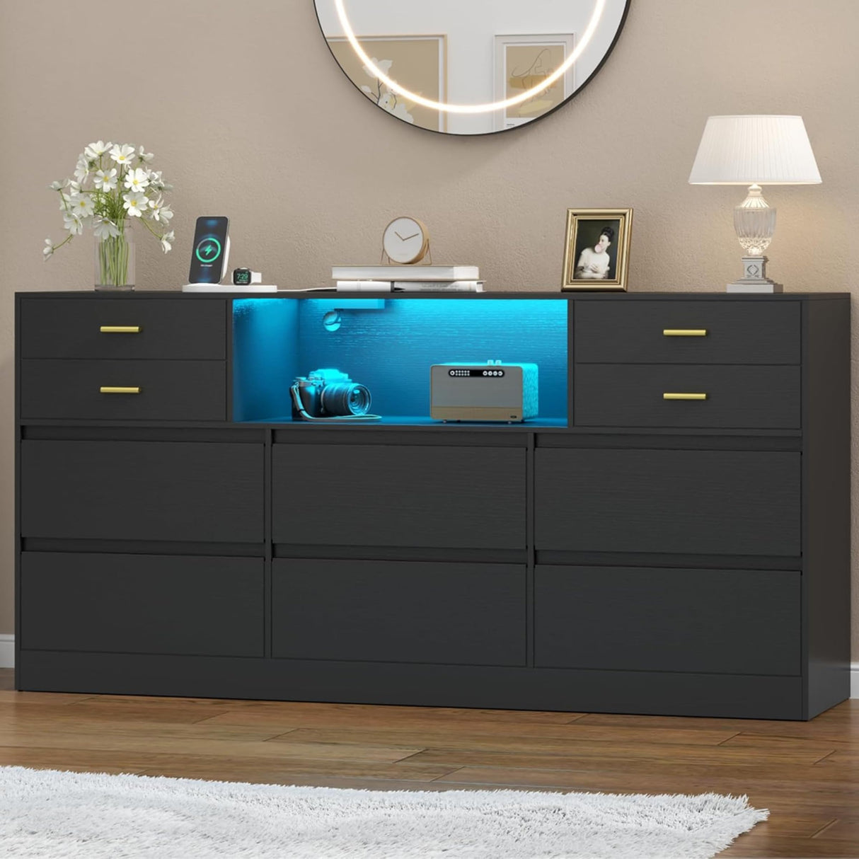 Loomie 10 Drawer Black Dresser with Charging Station & Led Lights for Bedroom, Long 58" Triple Wide Dresser TV Stand for TVs up to 65", Wide Chest of Drawer, Large Dressers Organizer with Open Cubby Loomie