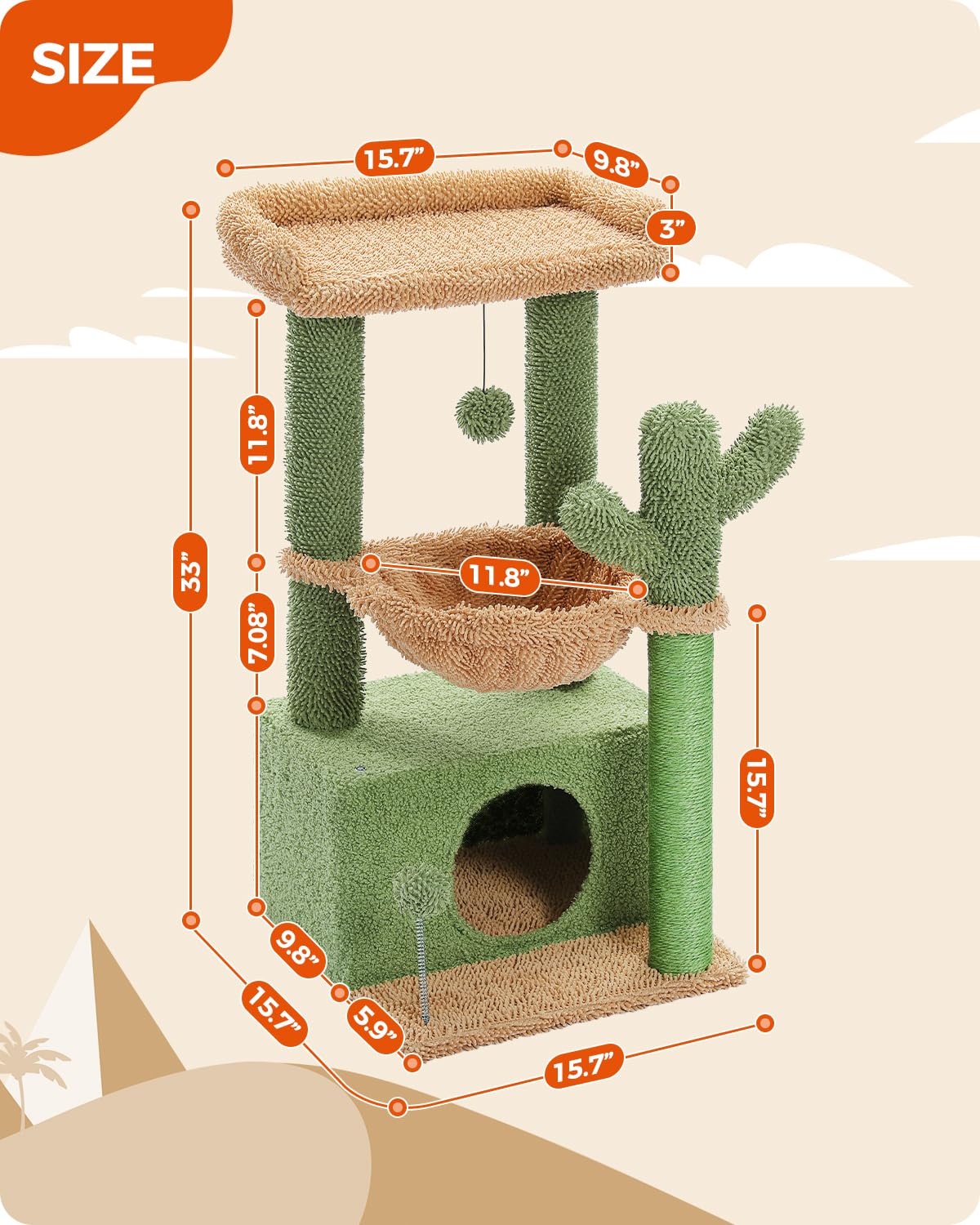 PEQULTI 4-in-1 Cactus Cat Tree, 33'' Cat Tower for Indoor Cats with Large Condo, Cat Scratching Post for Cats with Deep Hammock& Cozy Top Perch,Green PEQULTI
