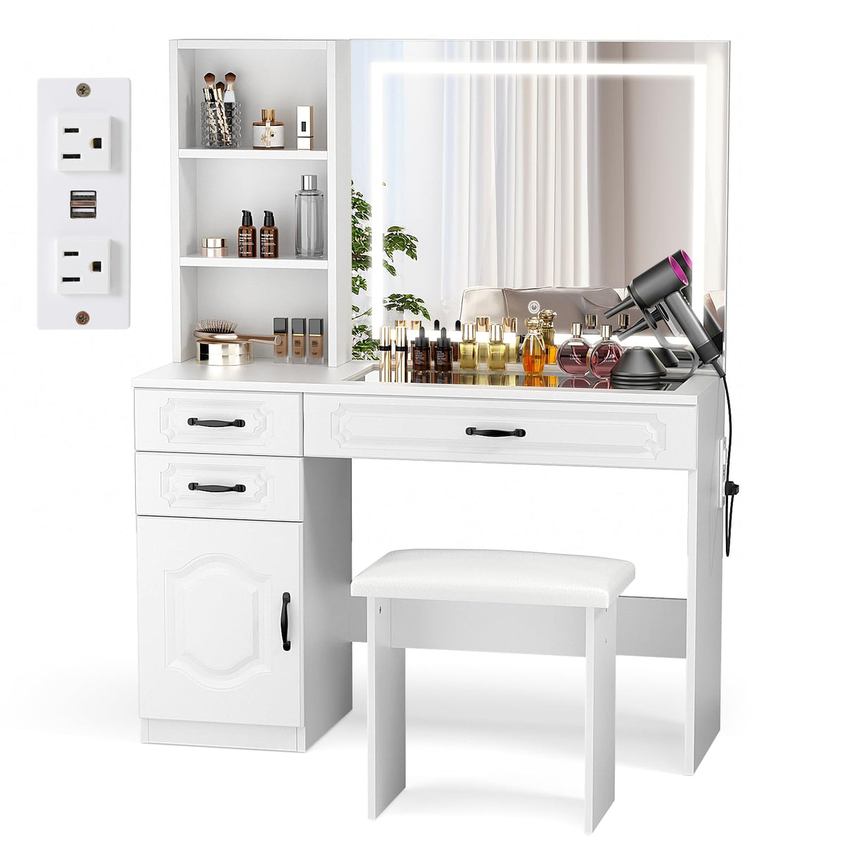 VOWNER Vanity with Lighted Mirror - Makeup Vanity Desk with Glass Top, Power Strip, Drawers and Shelves, 3 Color Lighting Modes Adjustable Brightness, Vanity Table with Cushioned Stool, 45'' L VOWNER