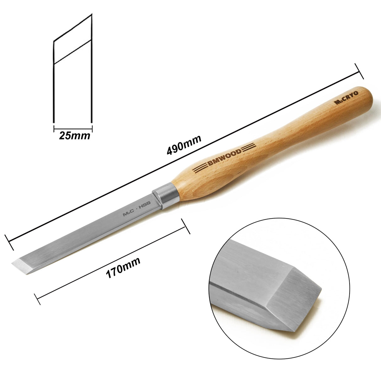 BMWOOD Cryo M2 HSS 25mm Skew Chisel with Handle Length 15",Woodlathe Chisels, Woodlathe Tools. BMWOOD