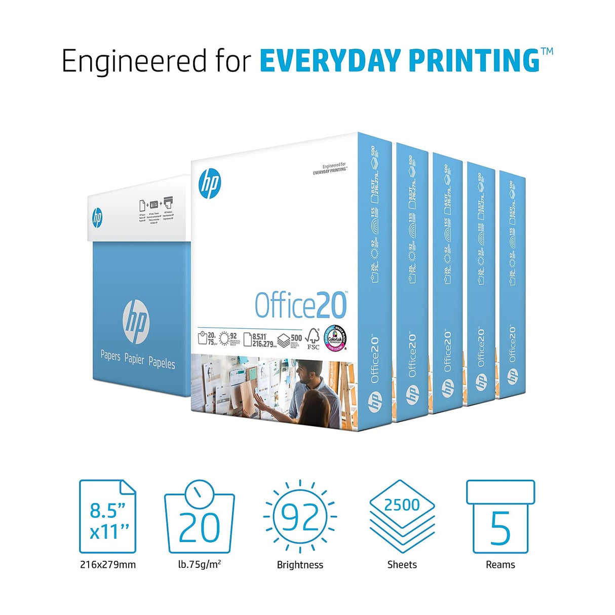 HP Printer Paper | 8.5 x 11 Paper | Office 20 lb | 5 Ream - 2,500 Sheets | 92 Bright | Made in USA - FSC Certified | 172160C HP