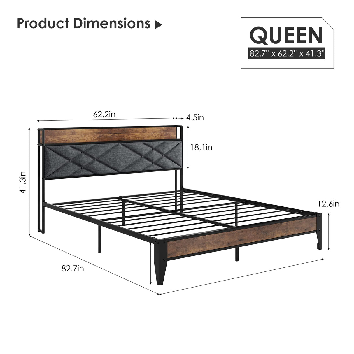 Homhougo Queen Size Bed Frame with Integrated Charging Station and Storage Shelf, Noise-Free Design in Light Gray Homhougo