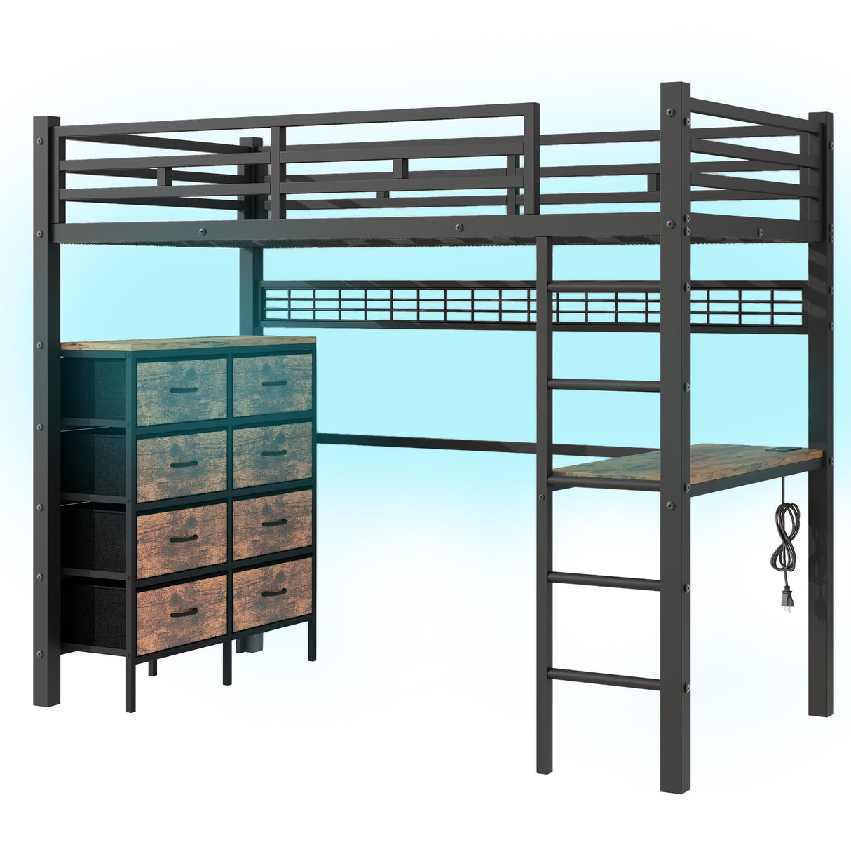 FULLJOJOR Loft Bed Twin Size with Desk, 8 Storage Drawers, Power Outlet, LED Metal Loft Bed with Storage Shelve, Bed with Safety Guardrail & Ladders,Space-Saving,Black FULLJOJOR