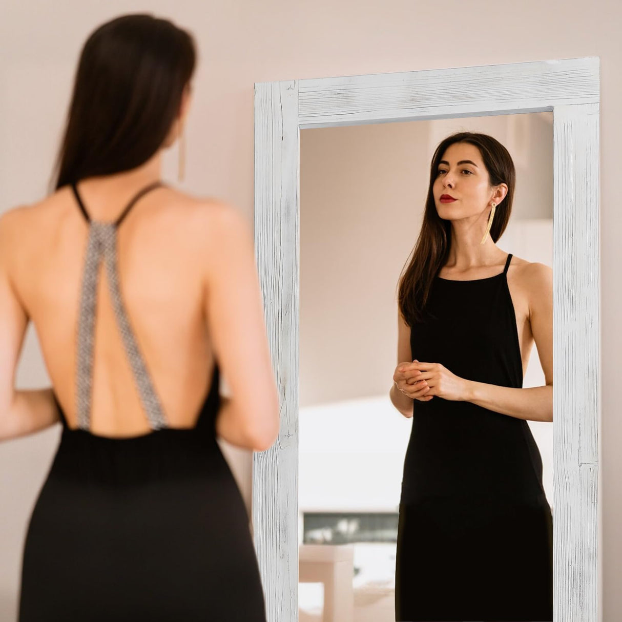 MELOMOIR Rustic Farmhouse Full Length Mirror, 64"x21" Wood Frame Floor Mirror, Free Standing Mirror Leaning Hanging Mirror, Long Mirror for Bedroom Living Room Cloakroom, Weathering White MELOMOIR