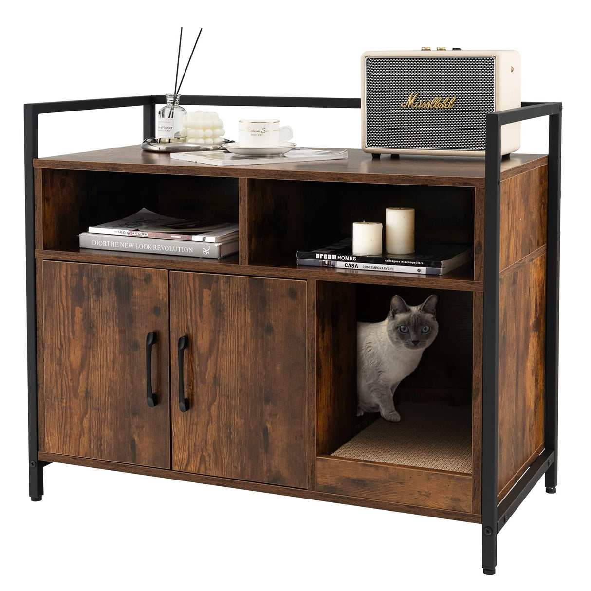 Giantex Cat Litter Box Enclosure - Cat Washroom Hidden Furniture with Front Entry, Cat Scratcher, 2-Door Storage Cabinet, 2 Compartments, Air Vents, Metal Frame, Wooden Pet Crate House (Rustic Brown) Giantex