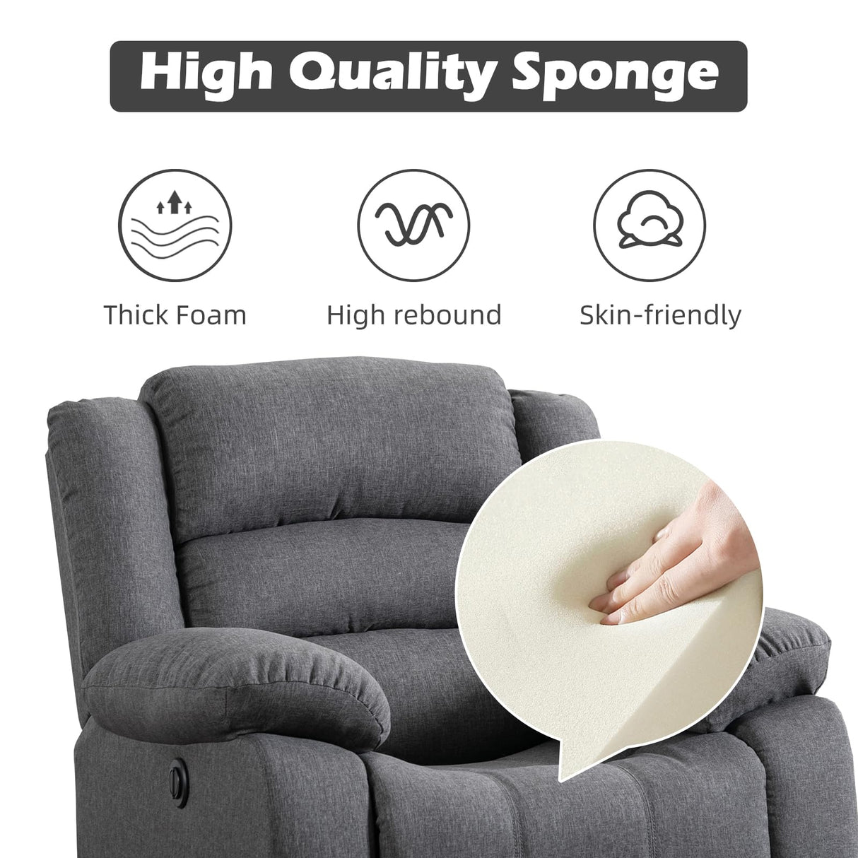 EBELLO Classic Power Recliner Chair, Oversized Electric Reclining Chair with Overstuffed Cushion and Back, Soft Fabric Adults Single Recliner Sofa for Living Room, Grey EBELLO