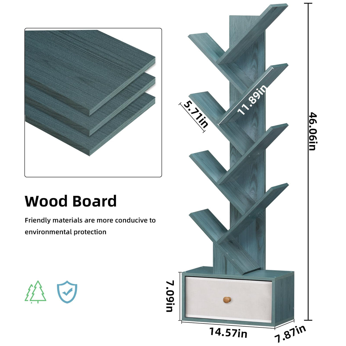 SHEEPAM 8-Tier Navy Blue Tree Bookshelf with Drawer - Stylish Storage Organizer for Small Spaces SHEEPAM