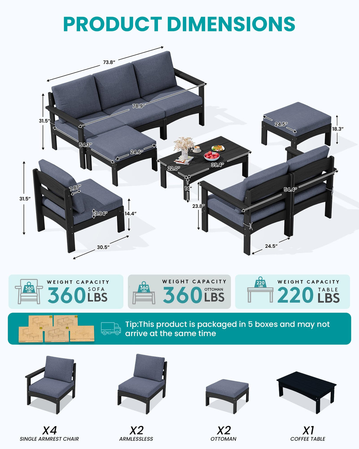 SERWALL 9 Pieces Patio Sofas, All-Weather HDPE Outdoor Sectional Sofa with Cushions and Coffee Table, Extra-Large Modular Conversation Set for Patio, Garden, Deck, Grey Frame with Grey Cushion SERWALL