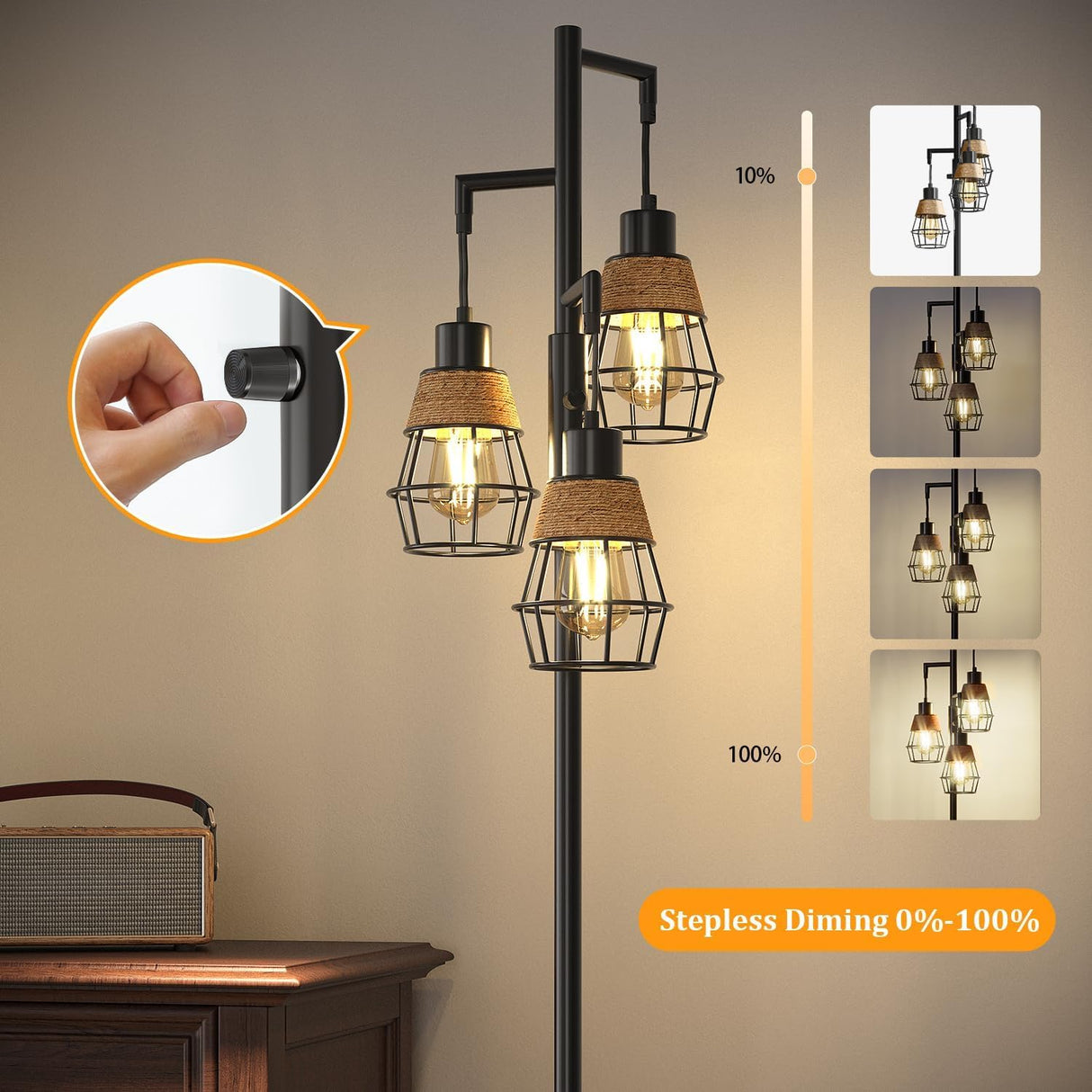 Oneach 68" Floor Lamps for Living Room, Stepless Dimmable Boho Floor Lamp with 3 Bulbs, Tall Farmhouse Industrial Corner Standing Tree Lamp for Bedroom, Office, Study Room, Dining Room, Black Oneach