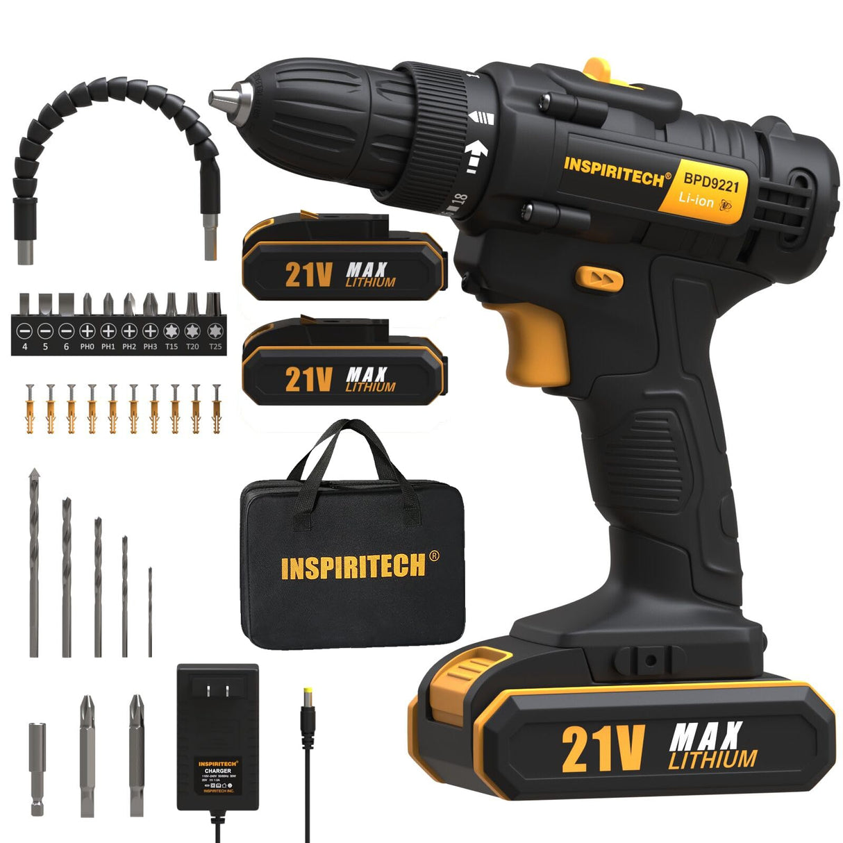 INSPIRITECH 21V Cordless Drill with 2 Batteries and Charger,3/8-Inch Keyless Chuck Power Drill Set,2 Variable Speed Electric Drill Driver, 19 Torque Setting with Drill/Driver Bits… INSPIRITECH