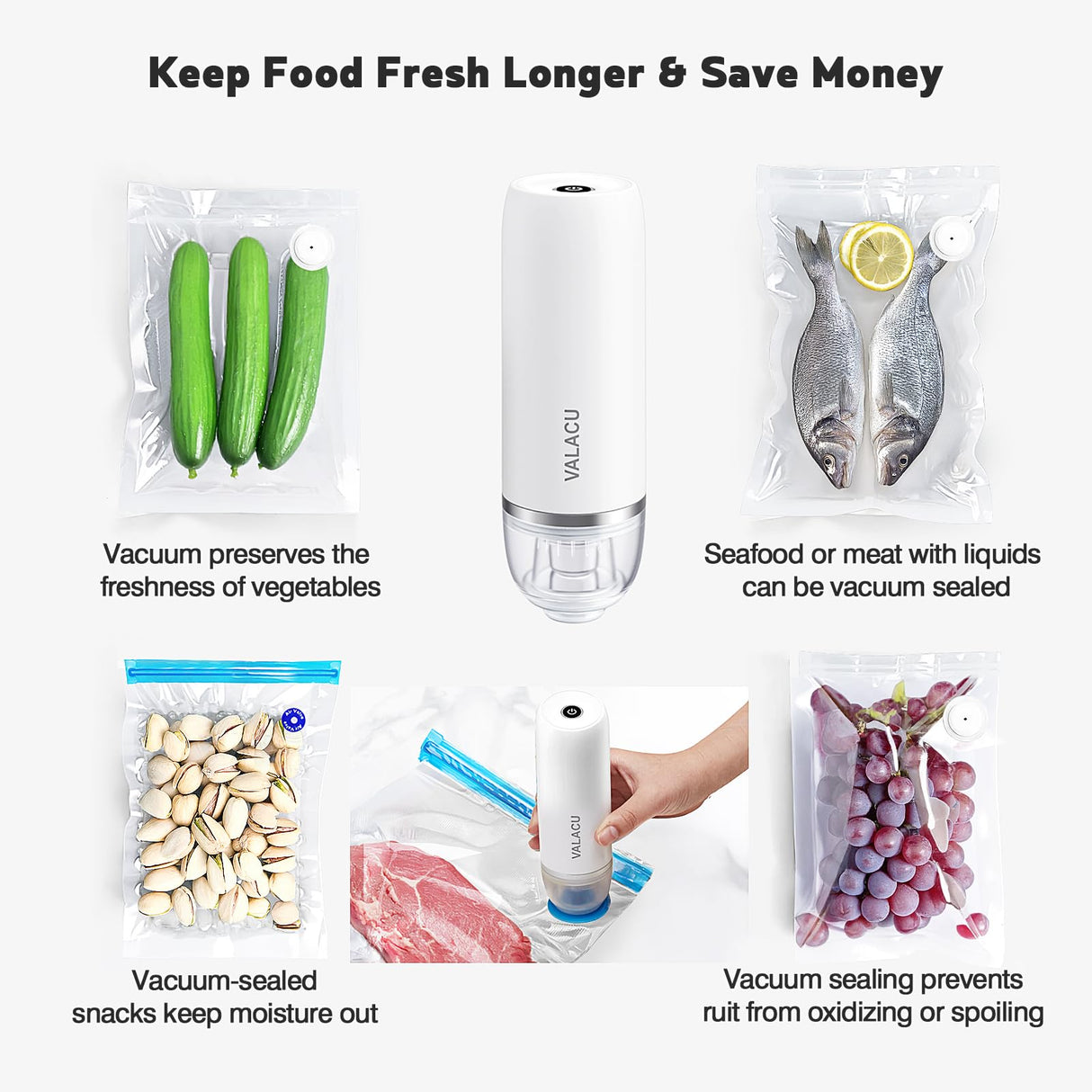 Vacuum Sealer for Food, Food Saver Vacuum Sealer Machine,Bag Sealer Comes with 15 Reusable Food Bags, HandHeld Food Sealer Vacuum Sealer for Sealing Meats Vegetables Fruits and Food with Liquid VALACU