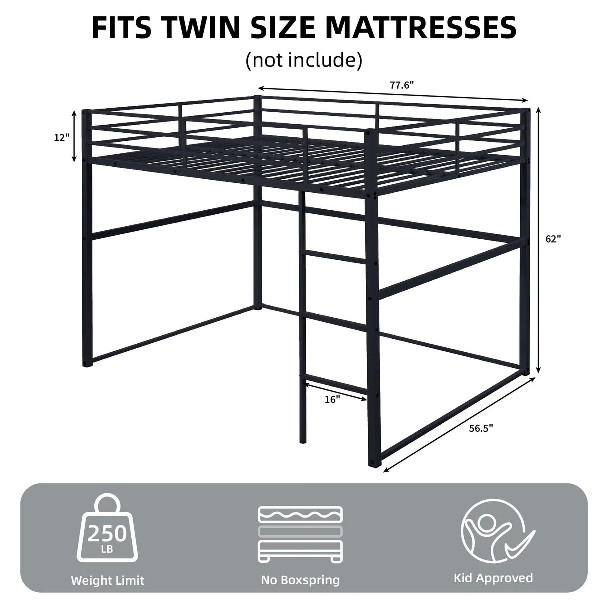 Suwopmvy Heavy Duty Metal Loft Bed Frame Full Size with Safety Guard Rails & Built-in Ladder - Sturdy Space Saving Loft Bed for Kids, Teens, Adults, College Dorm, Studio Apartment (Black, Full) Suwopmvy