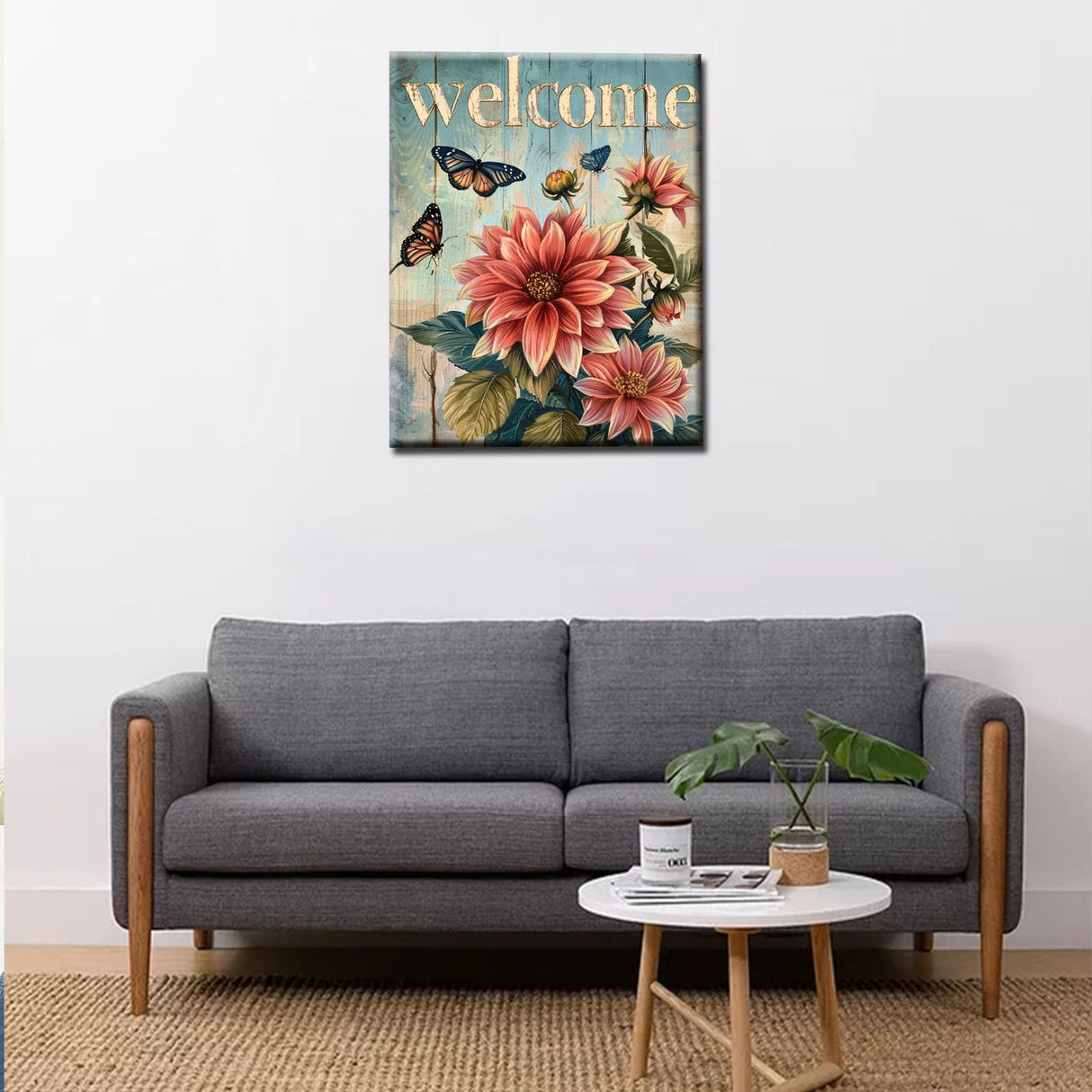 "welcome" Sign Paint by Numbers for Adults Beginners-Paint by Number Vintage Wood Grain,DIY Butterfly and Dahlia Acrylic Paint by Numbers Kits on Canvas for Adults Beginner 16x20inch(Without Frame) Tucocoo
