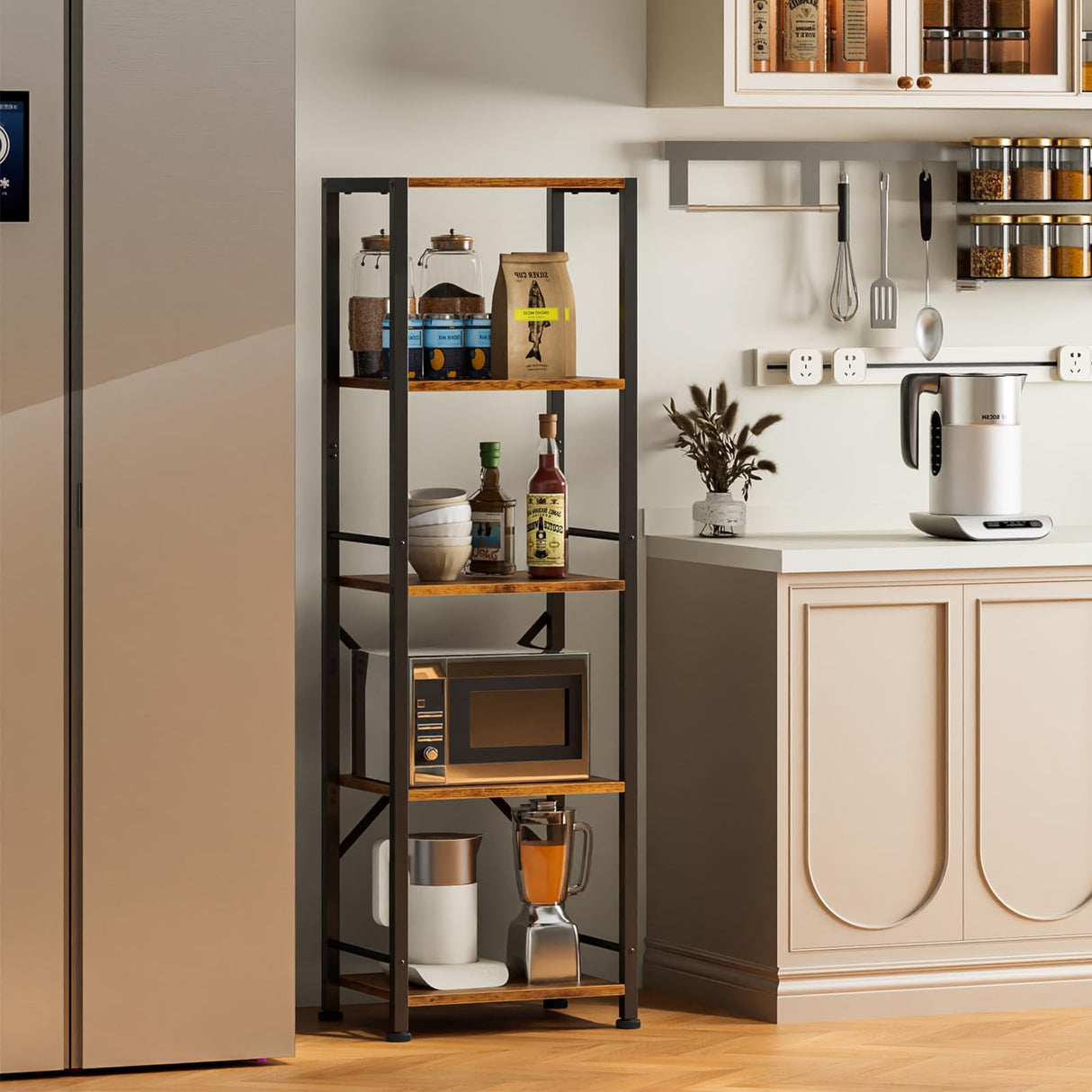 Furologee 5 Tier Tall Bookshelf, Rustic Narrow Bookcase, Display Standing Shelf Units, Metal and Wood Storage Shelves Organizer for Bedroom, Living Room, Home Office, Entryway, Kitchen, Rustic Brown Furologee