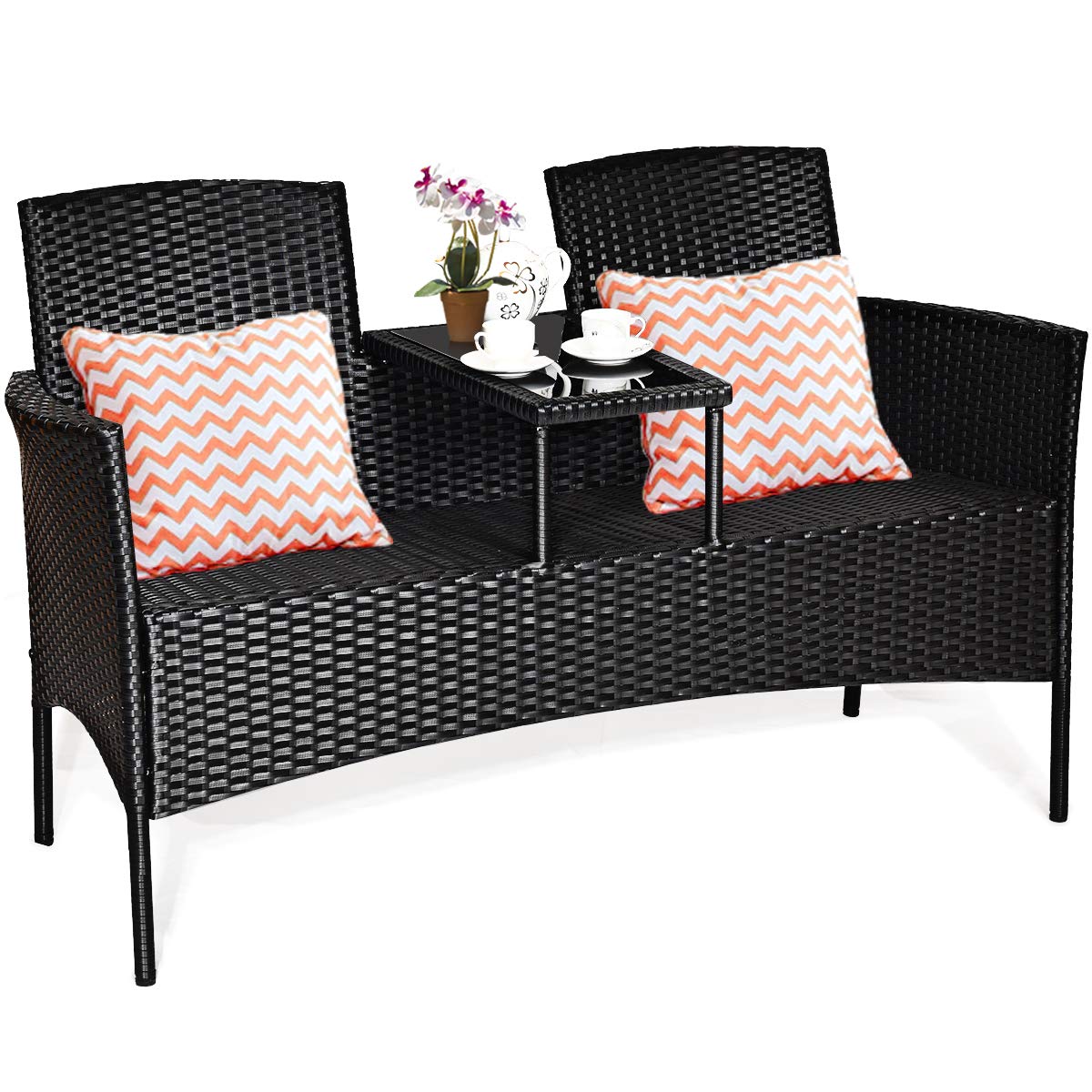 Tangkula Wicker Patio Conversation Furniture Set, Outdoor Furniture Set with Removable Cushions & Table, Tempered Glass Top, Modern Rattan Bench for Garden Lawn Backyard Tangkula