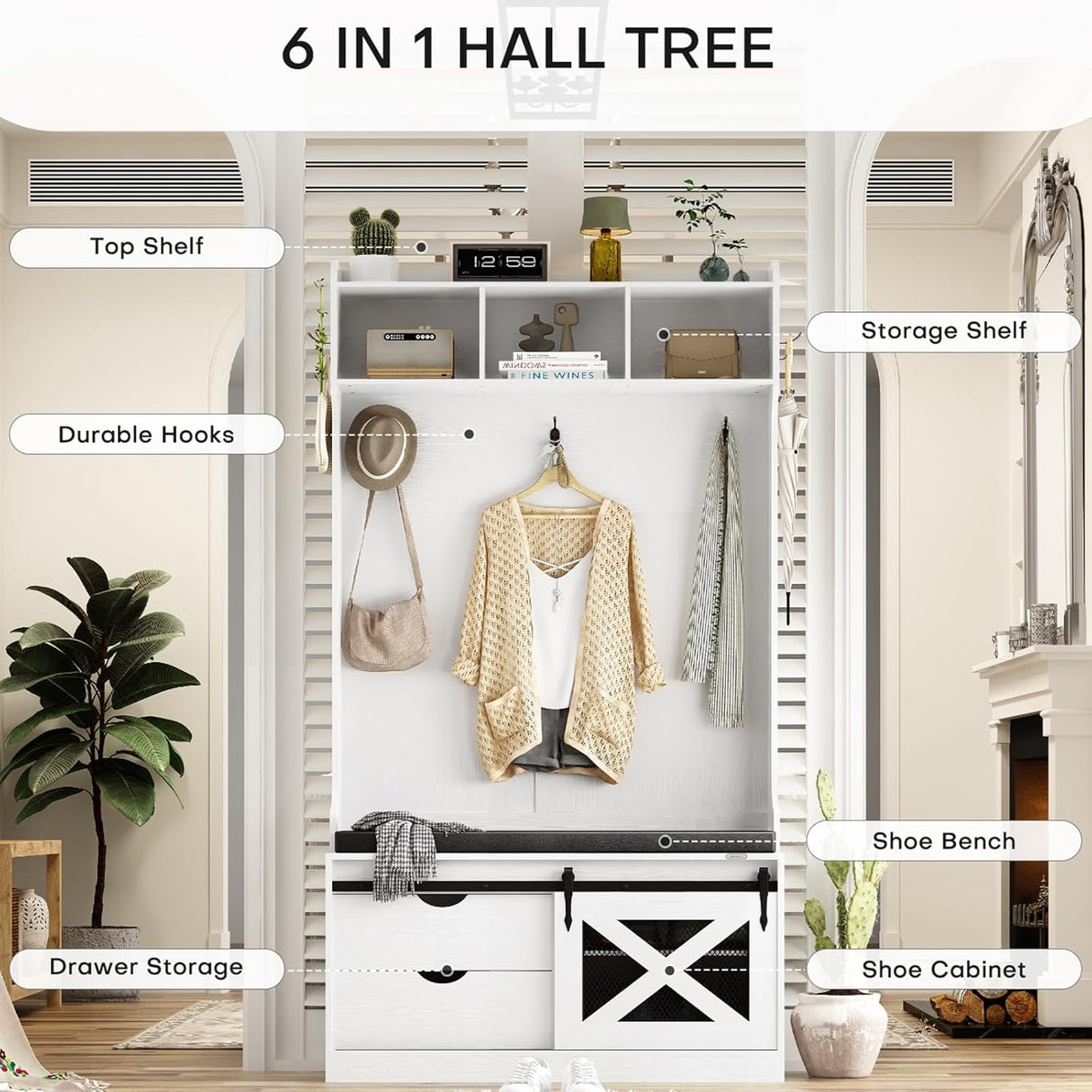 Redlife Entryway Hutch,Hall Tree with Storage Bench, Farmhouse Entryway Bench with Coat Rack, 6-in-1 Coat Rack with Bench, Entrance Organizer with Shoe Storage, Hall Tree with Bench for Hallway Redlifeᅟᅠ
