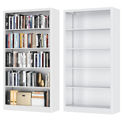 OSEILLC Bookcase,5 Tier White Bookshelves,66" Tall Free Standing Metal Bookcase with Adjustable Storage Shelves, Industrial Wide Bookshelf for Bedroom Living Room Home Office School