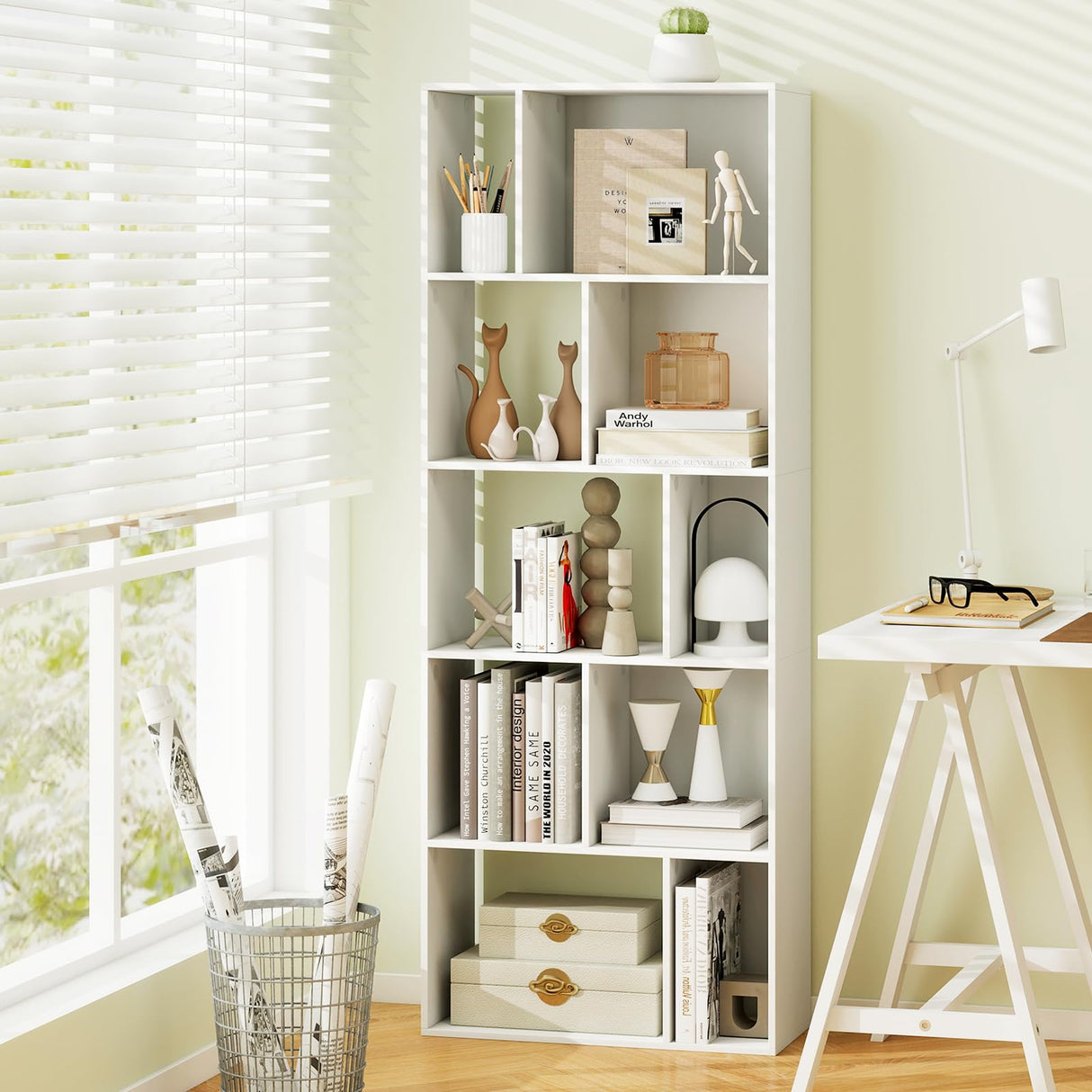 Nightcore 63” Tall Freestanding Display Shelf, 5-Tier Geometric Bookcase with 10 Storage Cubbies, Anti-toppling Devices, Modern Bookshelf for Living Room, Bedroom, Home Office, White WoodArtSupply