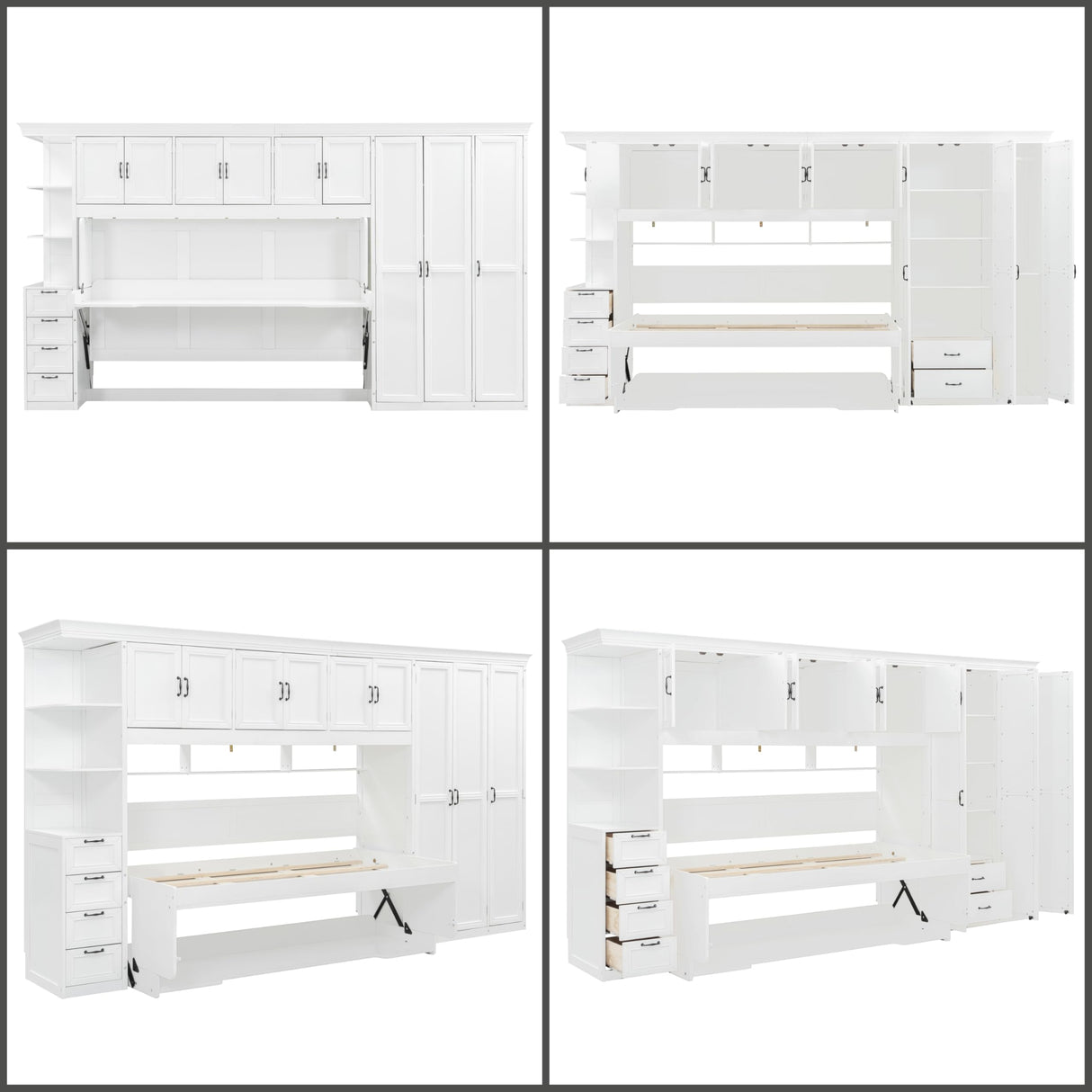 Merax Twin Size Murphy Bed with Desk, Multifunctional Wood Foldable Wall Bed with Wardrobe, Drawers and Cabinet, Space-Saving Hidden Bed for Guest Room Office, No Box Spring Needed, White Merax