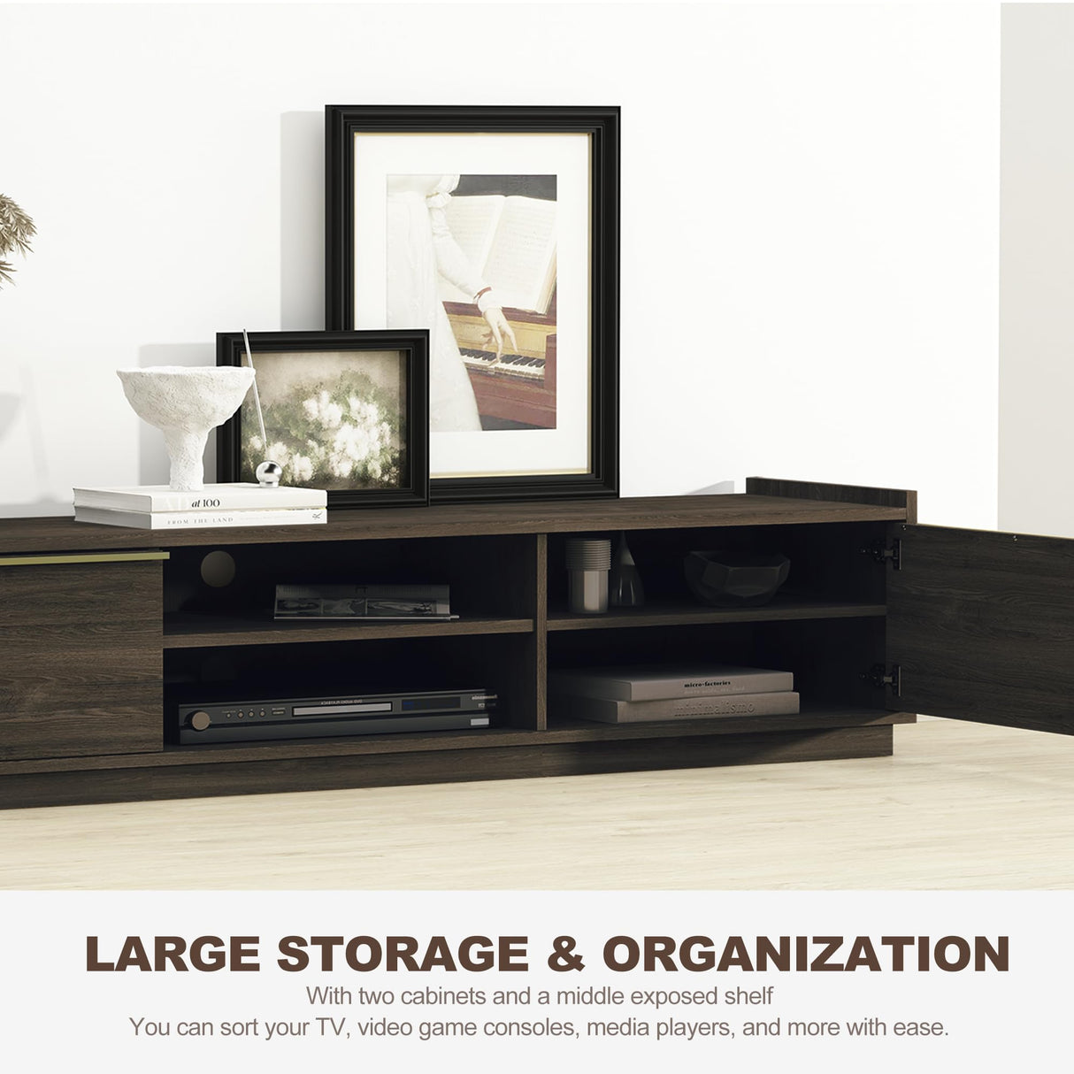 BELLEZE 69" TV Stand for TVs up to 75", Media Entertainment Center with 2-Tier Open Shelves and 2 Storage Cabinets, Wood Console Table for Living Room, Bed Room - Cayden (Brown) BELLEZE