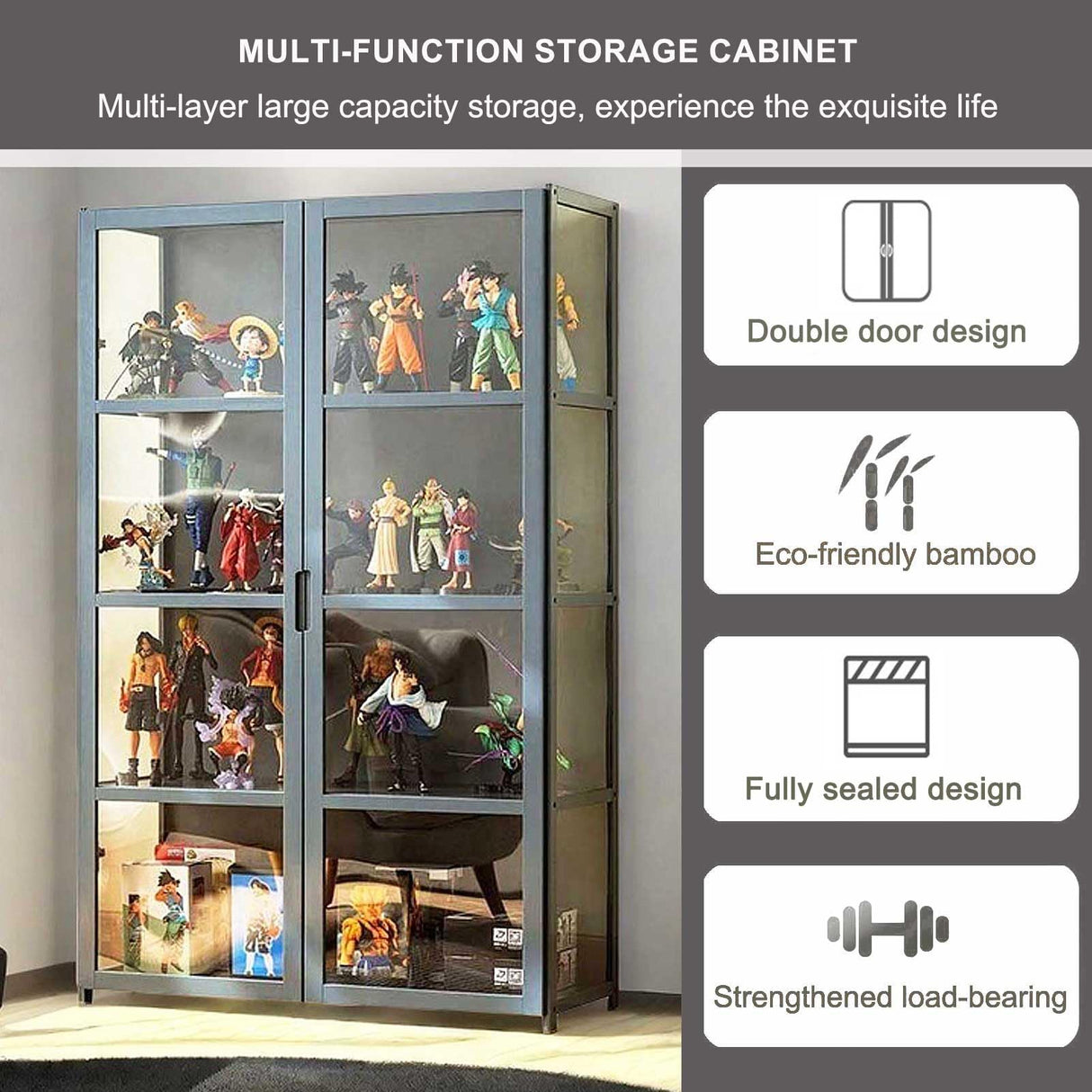 Curio Display Cabinet, 4-Tier Storage Shelves with Acrylic Double Door, Collectibles Toy Organizers Rack & Display Shelf, Bookshelf and Bookcase for Playroom, Bedroom,Wooden,130×82cm/51×32in Generic