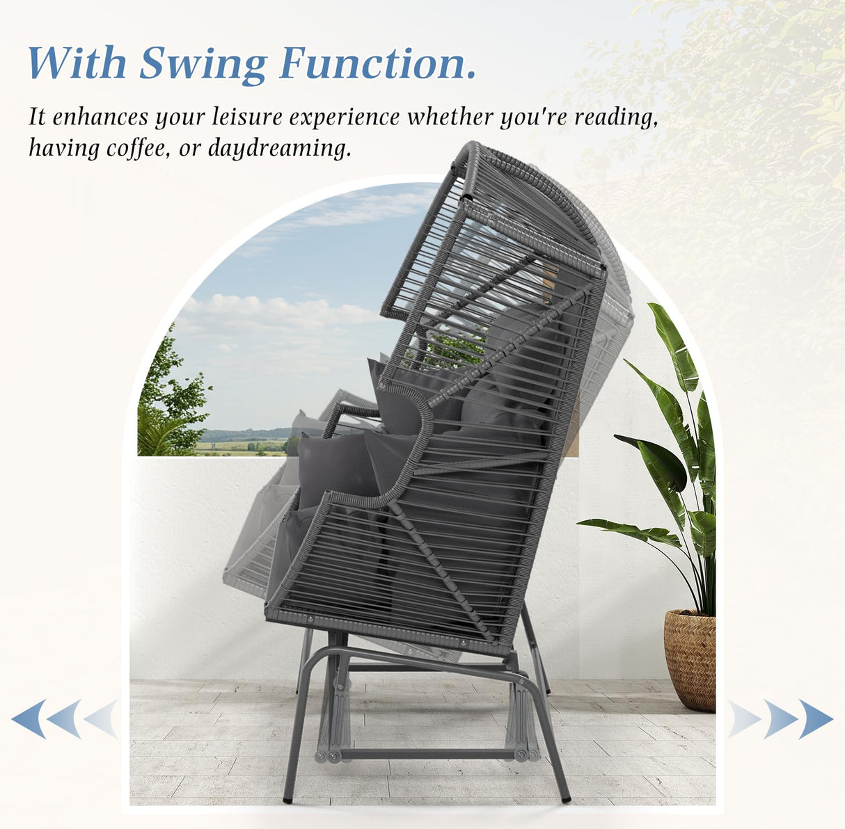 ECOTOUGE Indoor Outdoor Oversized Loveseat, Patio Double Egg Chair, 2-Person Extra Large Rattan Lounge Rocking Glider Chairs w/Pillow and Thicken Padded Cushions for Garden Balcony Sunroom, Grey ECOTOUGE