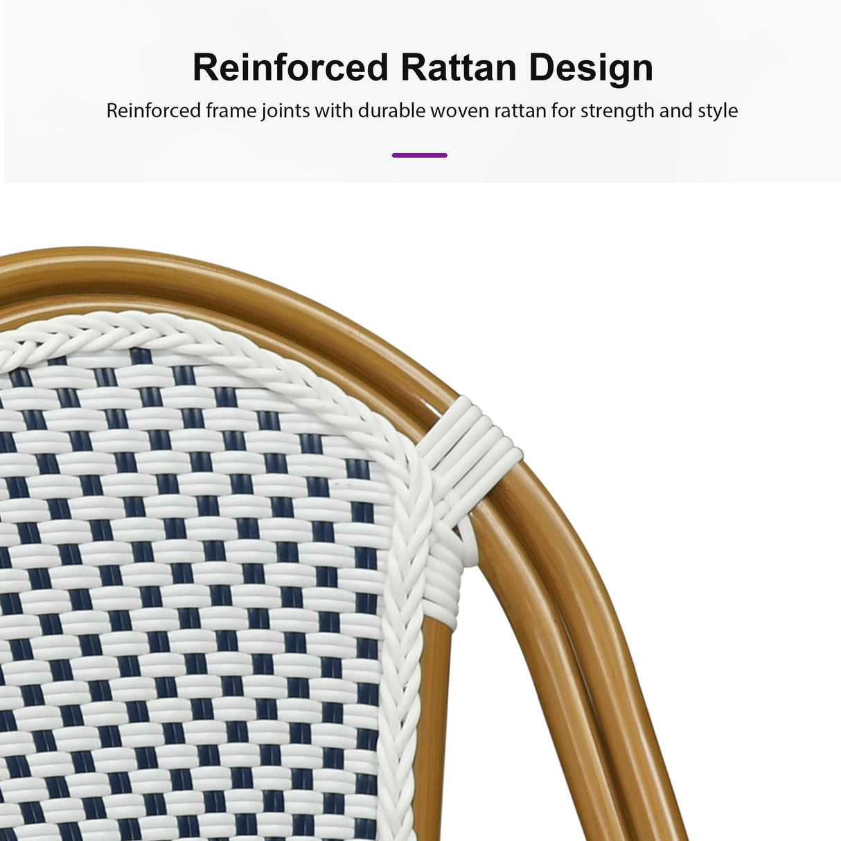 PURPLE LEAF Outdoor Dining Chair Set of 2 Patio French Aluminium Frame in Bamboo Finish with Sky Blue & White Woven Rattan for Indoor Kitchen Deck Bistros Cafe Restaurant PURPLE LEAF