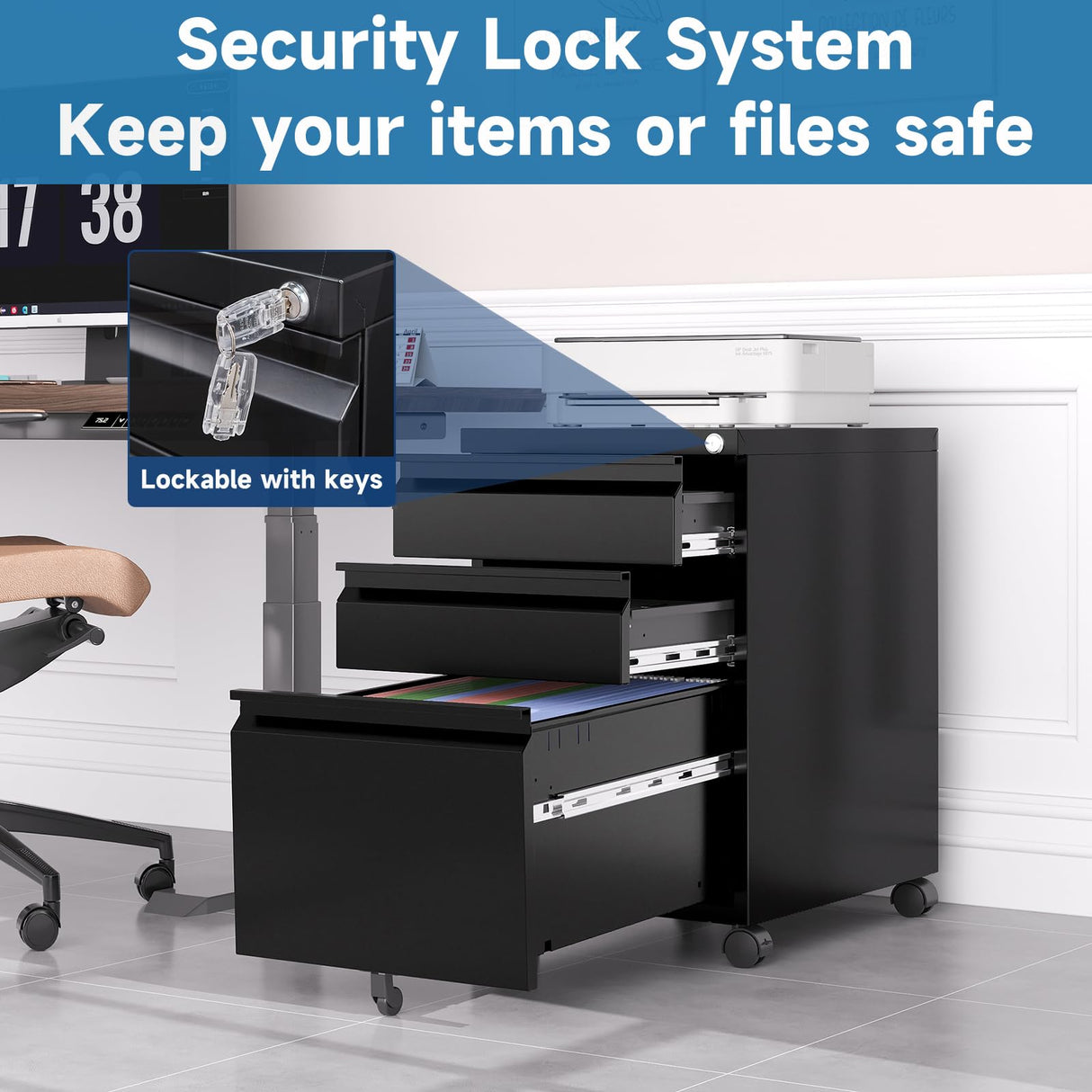 AFAIF 3 Drawer Mobile File Cabinet with Lock, Rolling File Cabinet for Home Office, Under Desk Small File Cabinet, Metal Vertical Black Filing Cabinet for Legal/Letter/A4 File, Black AFAIF