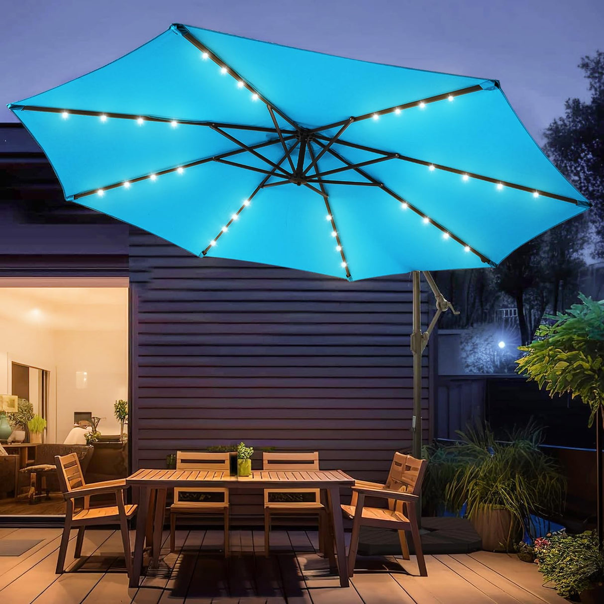 wikiwiki 10FT Solar Patio Offset Umbrella with Base Included, Outdoor Cantilever Umbrella Hanging Umbrellas with Weighted Sandbag Base, Market Patio Umbrella for Backyard, Garden & Deck, Sky Blue wikiwiki