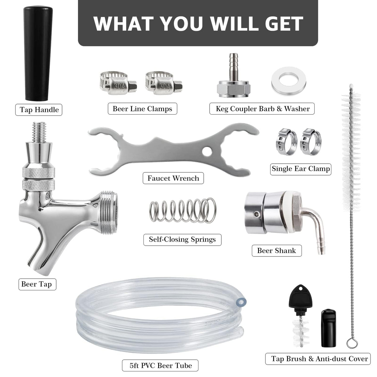 Hilangsan Draft Beer Faucet Beer Line Shank Kit Kegerator Parts Beer Tower Dispenser Replacement Set Self-Closing Beer Tap Wrench I.D.3/16” Beer Tubing 1/4”Keg Coupler Barb Cleaning Brush Tap Cover Hilangsan