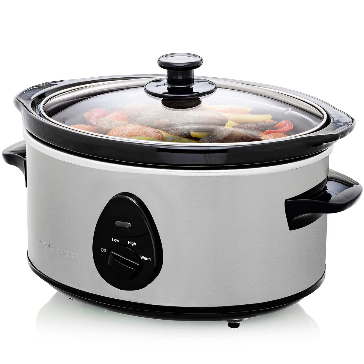 OVENTE Electric Slow Cooker with 3 Cooking Settings, Dishwasher-Safe Stoneware, Tempered Glass Lid and 3.7 Quart Oval Ceramic Pot Perfect for Entrees, Soups, Sauces, Stews and Dips, Silver SLO35ABR OVENTE