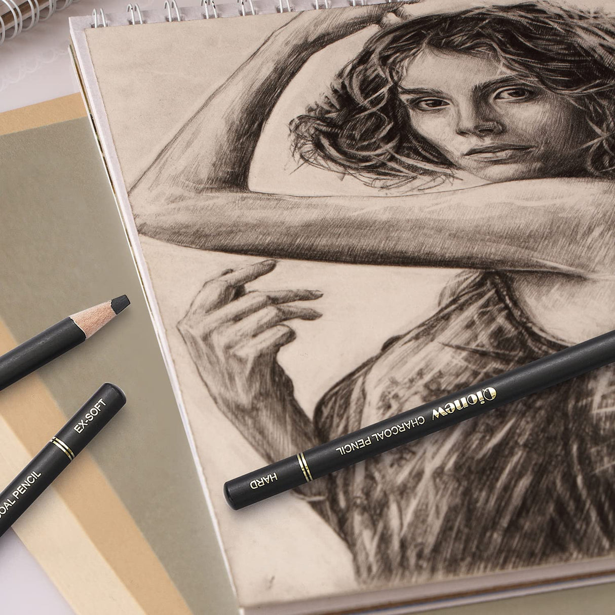 Qionew Professional Charcoal Pencils Drawing Set - 10 Pieces Super Soft, Soft, Medium & Hard Charcoal Pencils for Drawing, Sketching, Shading, Beginners & Artists Qionew