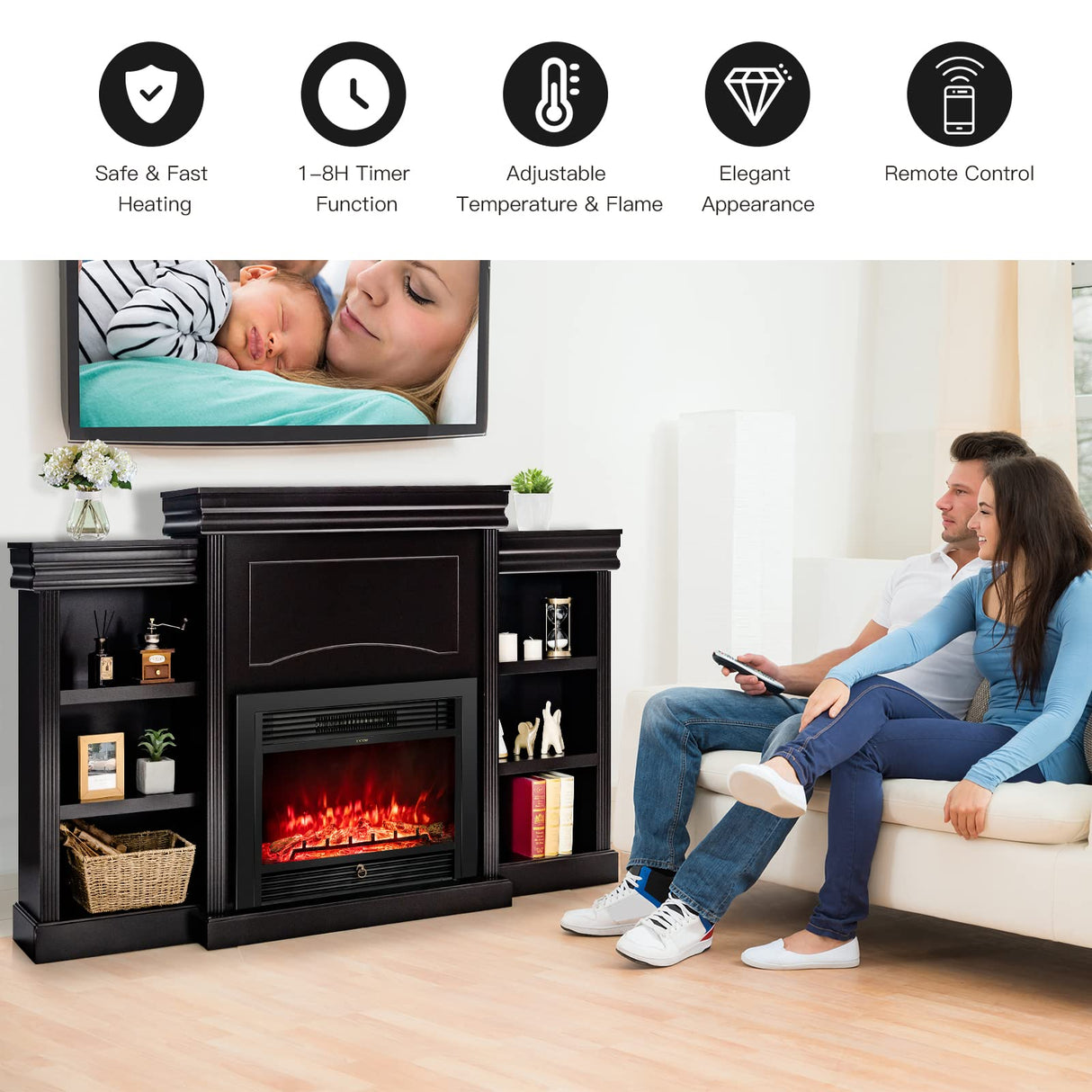 Tangkula 70" Mantel Fireplace, 750W/1500W Electric Fireplace w/Mantel & Built-in Bookshelves, 28.5-Inch Electric Fireplace w/Remote Control, 1-8H Timer, Adjustable Flame Brightness & Color (Black) Tangkula