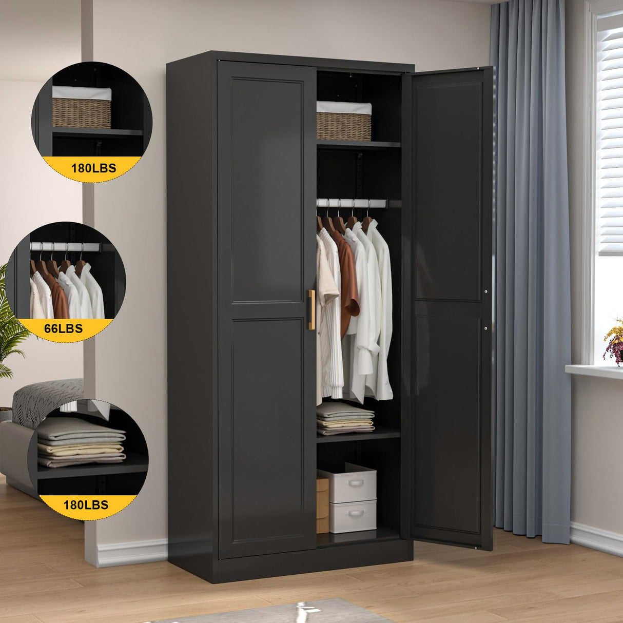 SteeLoong Metal Wardrobe Cabinet with Hanging Rod, 71" Tall Armoire Wardrobe Closet with 2 Doors and Adjustable Shelves, Black Clothing Storage Cabinets for Bedroom, Laundry Room, Cloak Room SteeLoong