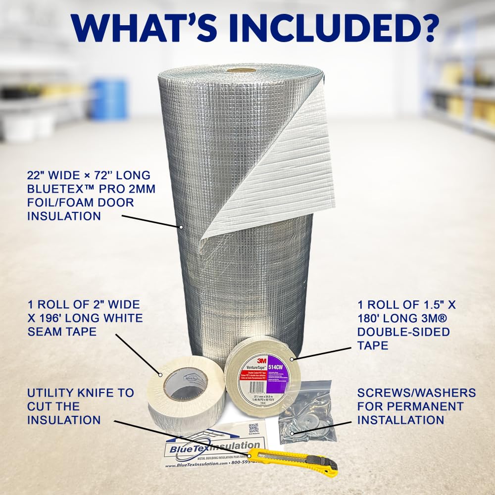 BlueTex Insulationㅤ Insulation White Reflective Foam Core Tearproof 2 Car Garage Door Insulation Kit 18FT (Wide) x 7FT (HIGH) to Cool Your Garage. Complete DIY Installation Kit BlueTex Insulation