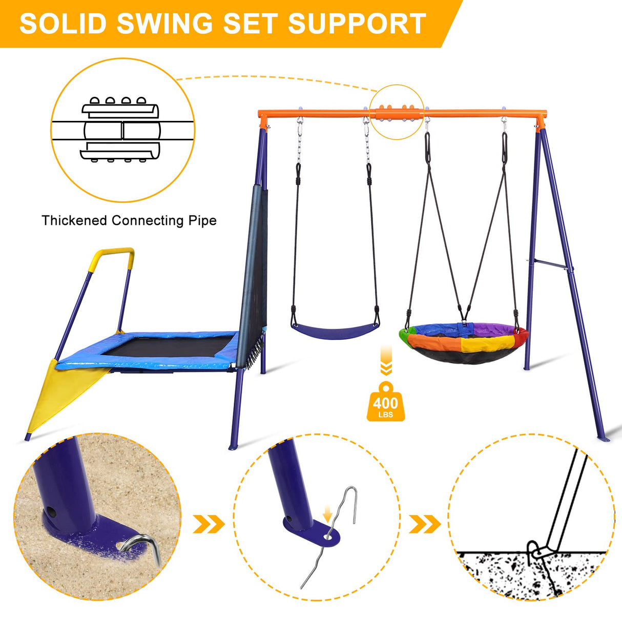 Lunafun Swing Set for Backyard with Trampoline 440lbs Swing Set with Heavy-Duty Metal A-Frame Outdoor Swing Set with 1 Saucer Swing Seat 1 Swings Seat & 1 Trampoline Lunafun
