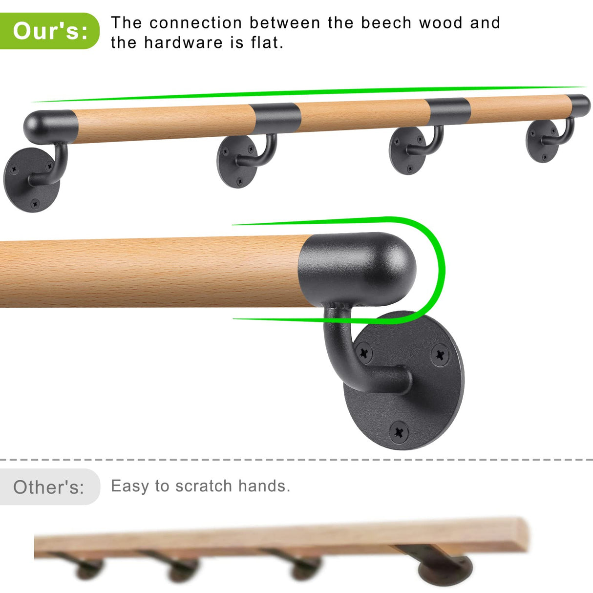 Dolibest 100 inch Wood Handrail Indoor Stairs Handrail Wall Mount Handrail w/Sturdy Metal Barckets, Non-Slip and Comfty Handrail Barrier-Free Staircase Grab Bar for Elderly, 1-1/2'' Round Dolibest