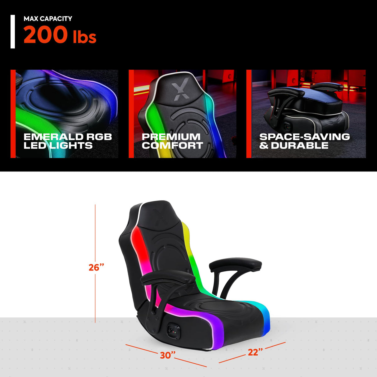 X Rocker Emerald RGB LED Youth Floor Rocking Video Gaming Chair with Headrest Speakers, Armrests, Foldable, Vegan Leather, 200 lbs Max, Amazon Exclusive, Black X Rocker