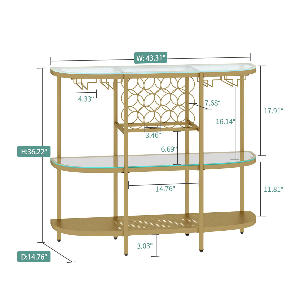 O&K FURNITURE Home Bar Table with Wine Racks, 3 Tier Wine Bar Table with Glass Holders, Wine Cabinet with Open Shelf, Liquor Bar Coffee Bar Table for Living Room Kitchen, Gold O&K FURNITURE
