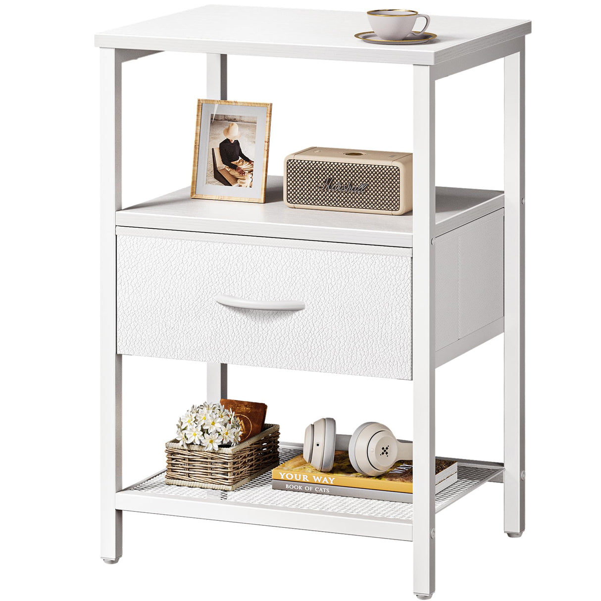 Huuger Night Stand with Fabric Drawer, Side Table with Mesh Shelf, Bedroom Nightstand, Fabric Drawer Dresser, Open Shelf, Metal Frame, Couch Side, White Huuger