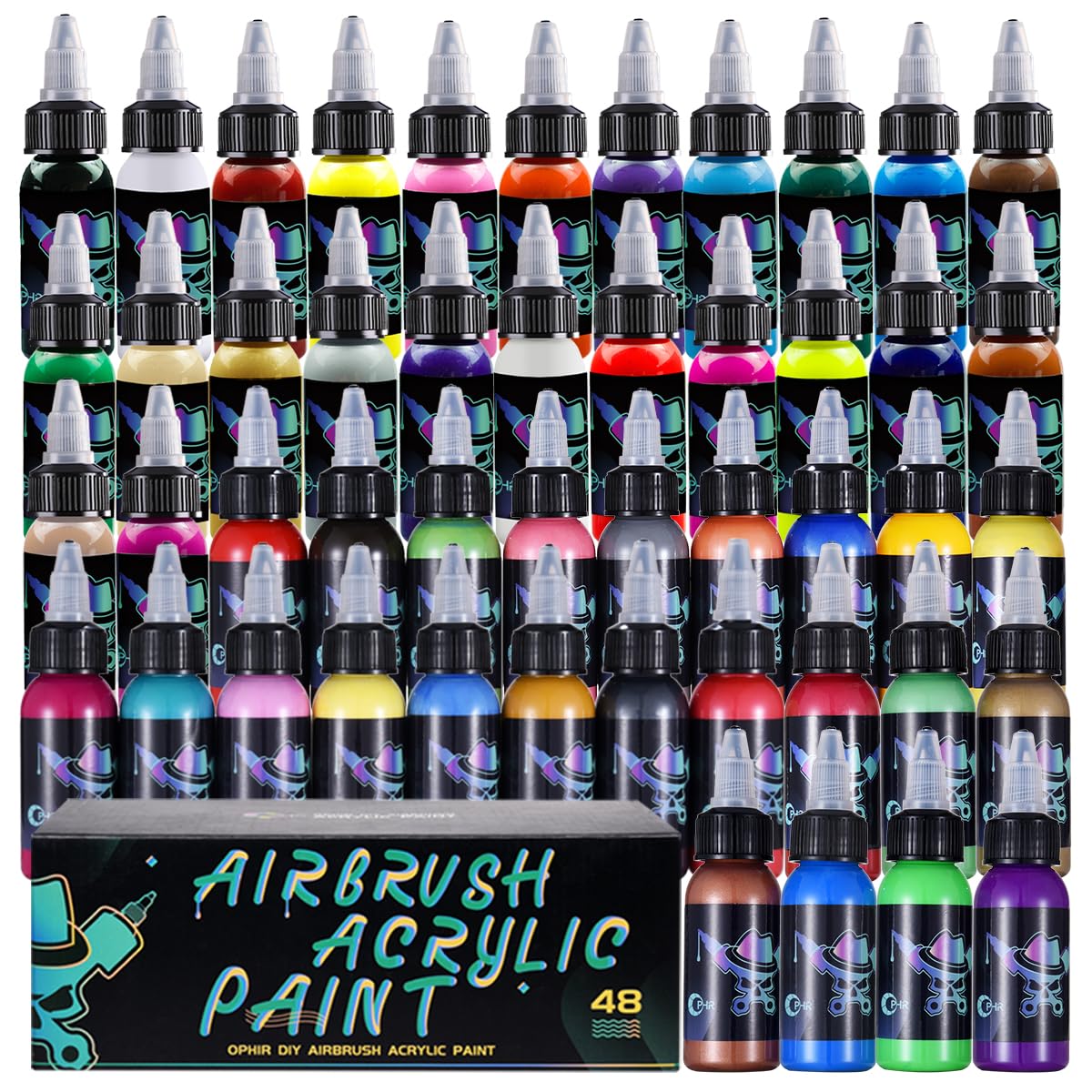 OPHIR Airbrush Paint, 50 Bottles of Model Air Brush Paint Set, Water-Based Opaque Acrylic Airbrush for Shoes, Rocks, Paper-Professional 48 Colors, 1.05 oz/Bottle OPHIR