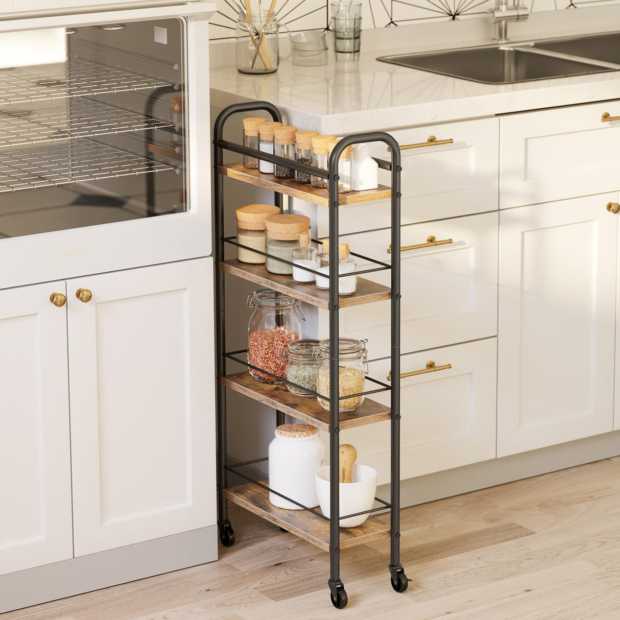 Slim Storage Cart, 4 Tier Rolling Utility Cart on Wheels, Narrow Shelving Unit Cart for Small Spaces in Kitchen, Dining Room, Bathroom, Laundry Room Rustic Brown and Black Asgolion