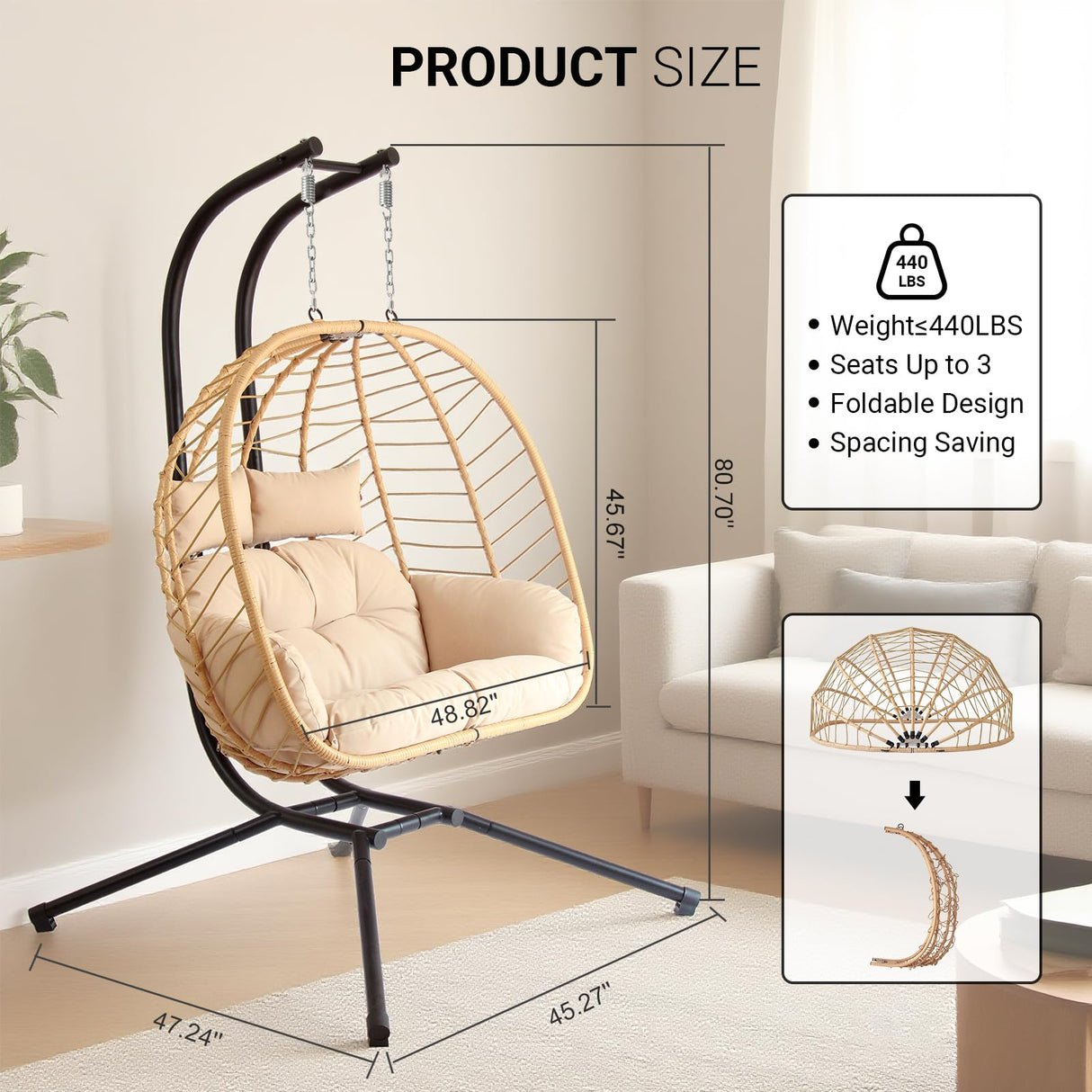 Double Egg Chair with Stand, Patio Wicker Hanging Swing Egg Chair Thickened, Galvanized Pipe Steel Frame and UV Resistant Cushion for Bedroom Garden Indoor Outdoor, 440LBS Capacity (Natural Beige) JOINFUN