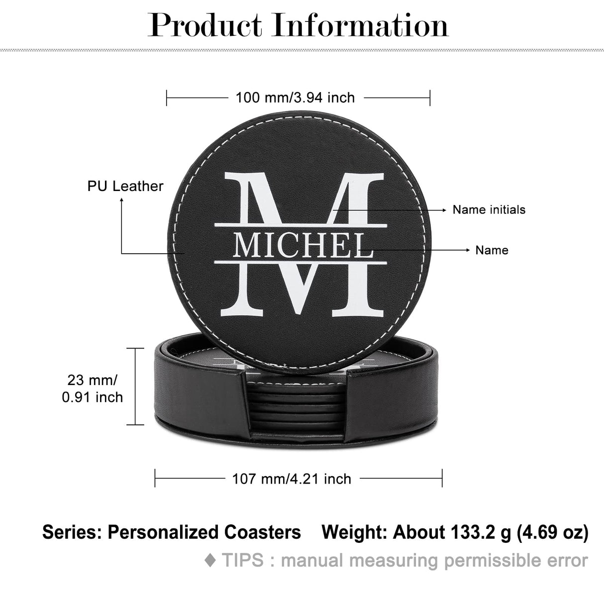 Bosajewel Personalized Coaster Set 6 Monogrammed Coasters for Drinks with Holder Custom Name Coffee Table Bar Beer Wine Cup Coasters Black Leather Coasters for Men Women Home Modern Coasters Gift Bosajewel